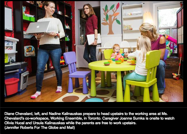 Moms prepare to head upstairs to the working area at Ms. Chevalard's co-workspace, Working Ensemble, in Toronto. The caregiver is onsite to watch the children while the parents are free to work upstairs. (Jennifer Roberts For The Globe and Mail)